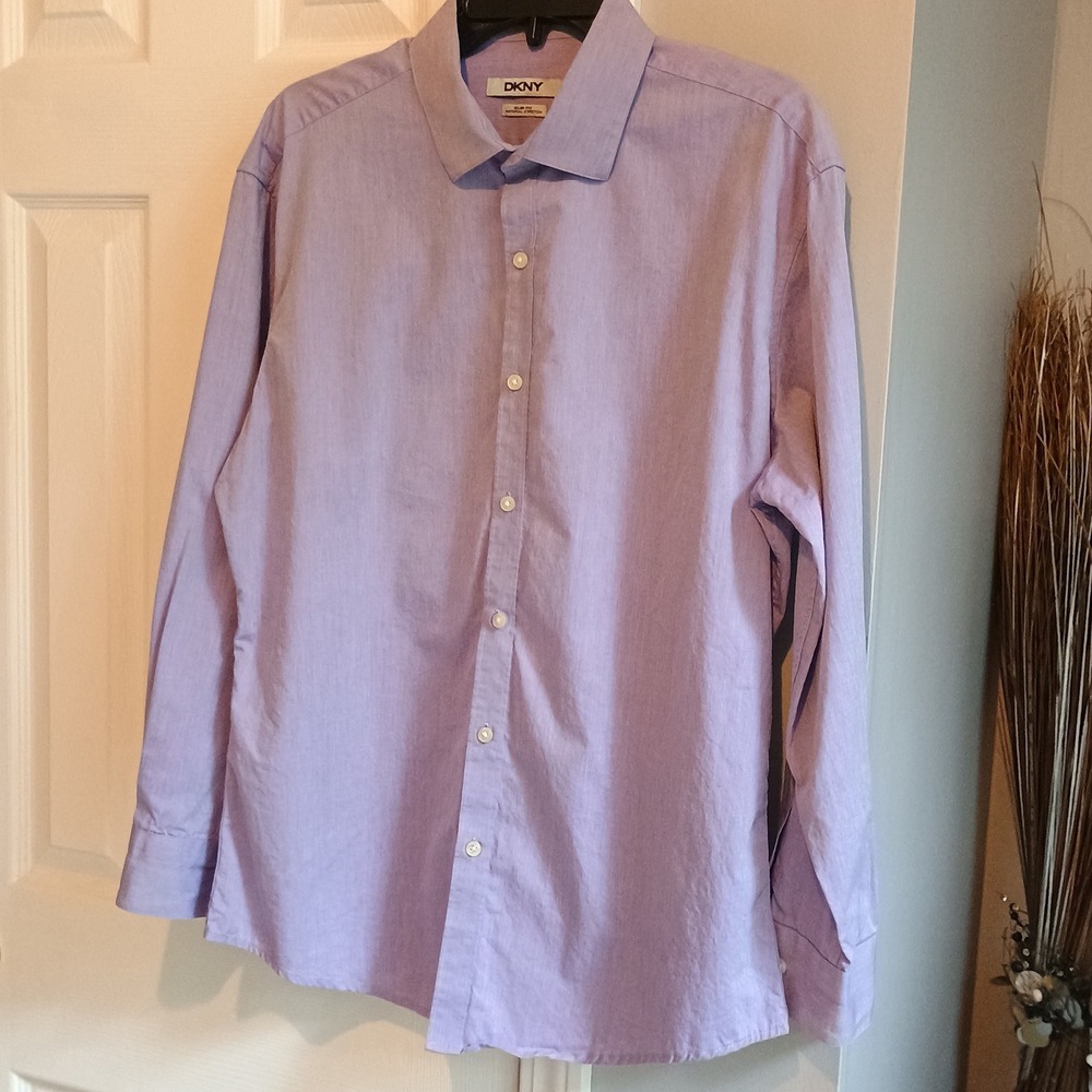 DKNY Slim Fit Natural Stretch‎ Light Purple Men's Long Sleeve Shirt - Picture 4 of 10